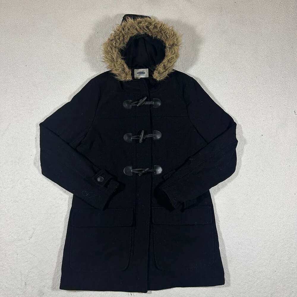 Old Navy Black Duffle Coat Faux Fur Hood Toggle Front Women's Medium
